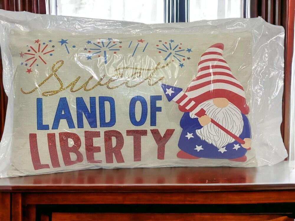 Sweet Land of Liberty Gnome Patriotic Throw Accent Pillow New 18 x 11 New